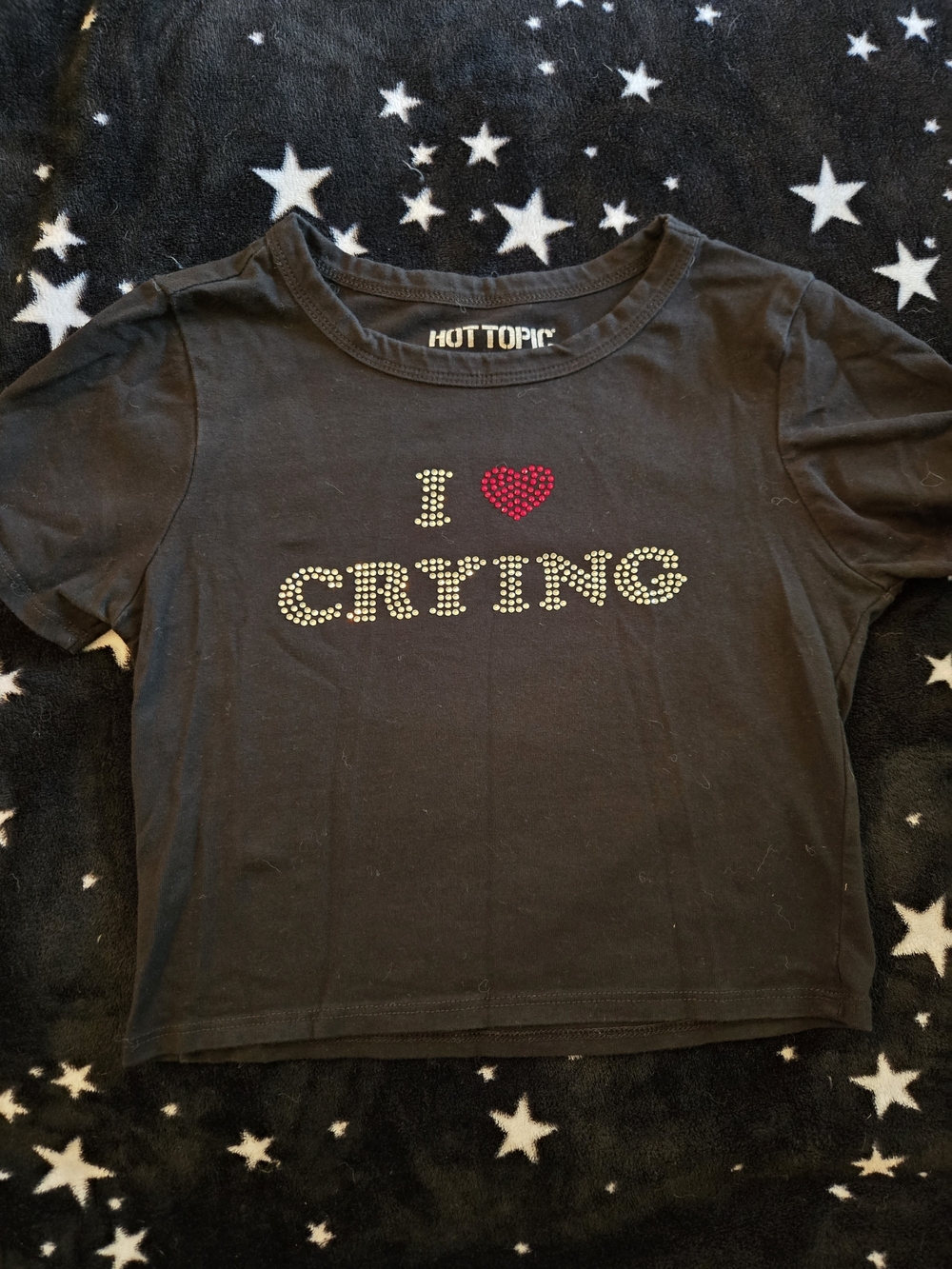 Hot Topic Black Crop Top with Red Heart Rhinestone Graphic